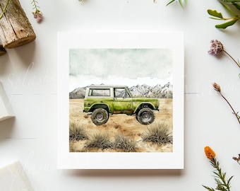 Vintage Green Bronco Digital Postcard - Watercolor  - Vintage Car Postcard Clipart - Vintage Car PNG - Bronco Clipart - Digital Clipart PNG