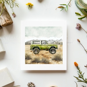 Vintage Green Bronco Digital Postcard - Watercolor  - Vintage Car Postcard Clipart - Vintage Car PNG - Bronco Clipart - Digital Clipart PNG