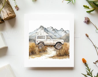 Vintage White Bronco Digital Postcard - Watercolor  - Vintage Car Postcard Clipart - Vintage Car PNG - Bronco Clipart - Digital Clipart PNG
