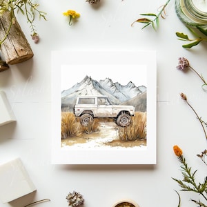 Vintage White Bronco Digital Postcard - Watercolor  - Vintage Car Postcard Clipart - Vintage Car PNG - Bronco Clipart - Digital Clipart PNG