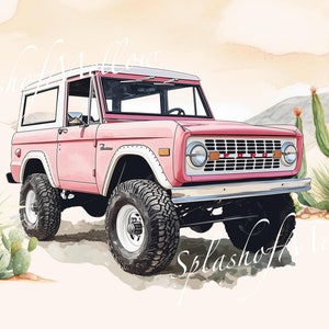 Watercolor Vintage Pink Bronco Clipart - Classic Car Clipart - Vintage Car PNG - Instant Download Clipart - Digital Clipart PNG