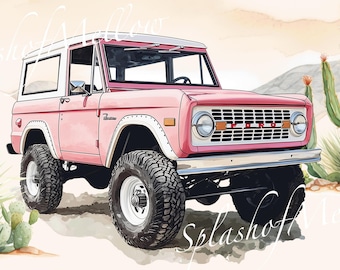 Aquarell Vintage Pink Bronco Clipart - Oldtimer Clipart - Vintage Auto PNG - Sofortiger Download Clipart - Digital Clipart PNG