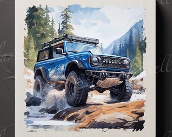 Bronco Digital Prints - Set of 2 - River-Crossing Blue Bronco - Watercolor Style - 1 Regular Print & 1 Distressed Edges Print - Bronco PNG