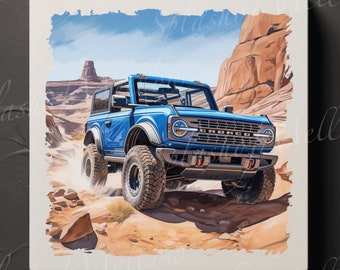 Bronco Digital Prints - Set of 2 - Desert-Crossing Blue Bronco - Watercolor Style - 1 Regular Print & 1 Distressed Edges Print - Bronco PNG