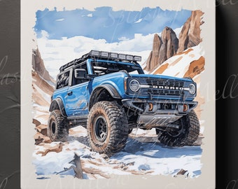 Bronco Digital Prints - Set of 2 - Snowy Mountain Blue Bronco - Watercolor Style - 1 Regular Print & 1 Distressed Edges Print - Bronco PNG