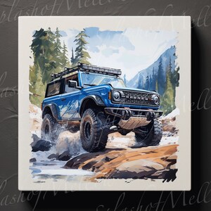 Bronco Digital Prints - Set of 2 - River-Crossing Blue Bronco - Watercolor Style - 1 Regular Print & 1 Distressed Edges Print - Bronco PNG
