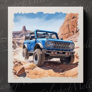 Bronco Digital Prints - Set of 2 - Desert-Crossing Blue Bronco - Watercolor Style - 1 Regular Print & 1 Distressed Edges Print - Bronco PNG