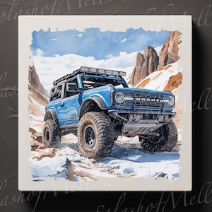 Bronco Digital Prints - Set of 2 - Snowy Mountain Blue Bronco - Watercolor Style - 1 Regular Print & 1 Distressed Edges Print - Bronco PNG