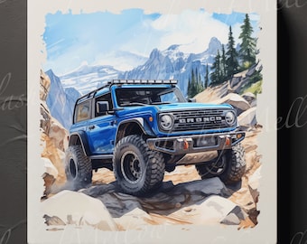 Bronco Digital Prints - Set of 2 - Mountain-Climbing Bronco - Watercolor Style - 1 Regular Print & 1 Distressed Edges Print - Bronco PNG