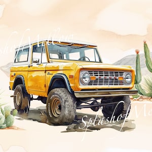 Watercolor Vintage Yellow Bronco Clipart - Vintage Car Clipart - Vintage Car PNG - Instant Download Clipart - Digital Clipart PNG