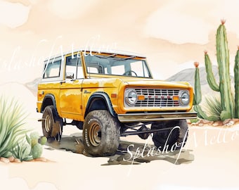 Watercolor Vintage Yellow Bronco Clipart - Vintage Car Clipart - Vintage Car PNG - Instant Download Clipart - Digital Clipart PNG