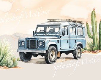 Watercolor Vintage Land Rover Defender Clipart - Vintage Car Clipart - Vintage Car PNG - Instant Download Clipart - Digital Clipart PNG