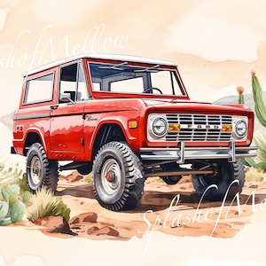 Watercolor Vintage Red Bronco Clipart - Vintage Car Clipart - Vintage Car PNG - Instant Download Clipart - Digital Clipart PNG