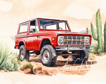 Watercolor Vintage Red Bronco Clipart - Vintage Car Clipart - Vintage Car PNG - Instant Download Clipart - Digital Clipart PNG