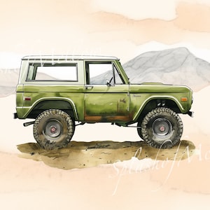 Vintage Olive Green Bronco Side Profile Clipart - Watercolor  - Vintage Car Clipart - Vintage Car PNG - Bronco Clipart - Digital Clipart PNG
