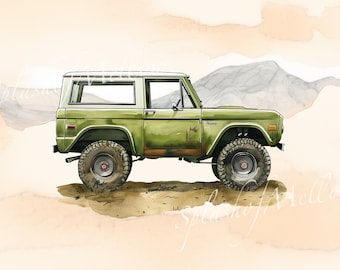 Vintage Olive Green Bronco Side Profile Clipart - Watercolor  - Vintage Car Clipart - Vintage Car PNG - Bronco Clipart - Digital Clipart PNG