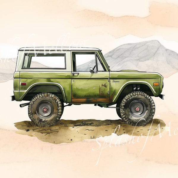 Vintage Olive Green Bronco Side Profile Clipart - Watercolor  - Vintage Car Clipart - Vintage Car PNG - Bronco Clipart - Digital Clipart PNG