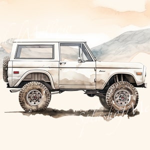 Vintage White Bronco Side Profile Clipart - Watercolor  - Vintage Car Clipart - Vintage Car PNG - Bronco Clipart - Digital Clipart PNG