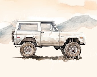Vintage weiße Bronco Seitenprofil Clipart - Aquarell - Vintage Auto Clipart - Vintage Auto PNG - Bronco Clipart - Digital Clipart PNG
