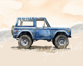 Vintage Blue Bronco Side Profile Clipart - Watercolor  - Vintage Car Clipart - Vintage Car PNG - Bronco Clipart - Digital Clipart PNG