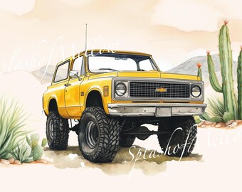 Watercolor Vintage Yellow Chevy Blazer Clipart - Vintage Car Clipart - Instant Download Clipart PNG (Transparent Background)