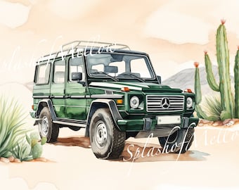 Watercolor Vintage Mercedes G Wagon Clipart - Vintage Car Clipart - Vintage Car PNG - Instant Download Clipart - Digital Clipart PNG
