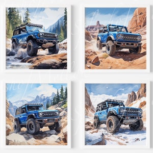 Set of 4 - Watercolor Blue Bronco Digital Prints - Car Prints - Car PNG - Instant Download - Digital Print PNG