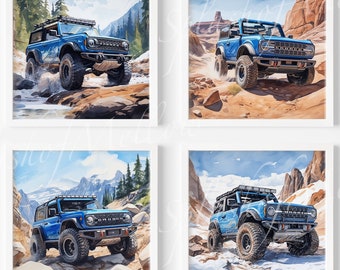 Set of 4 - Watercolor Blue Bronco Digital Prints - Car Prints - Car PNG - Instant Download - Digital Print PNG