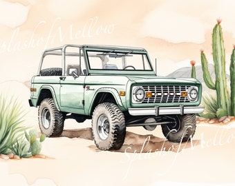 Aquarell Vintage Mint Bronco Soft Top Clipart - Vintage Auto Clipart - Vintage Auto PNG - Instant Download Clipart - Digital Clipart PNG