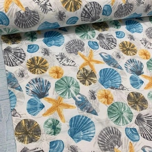 Turquoise Starfish Panama Linen Fabric – Nautical Cotton Blend for Coastal Decor, Upholstery, Pillows & Sewing Projects