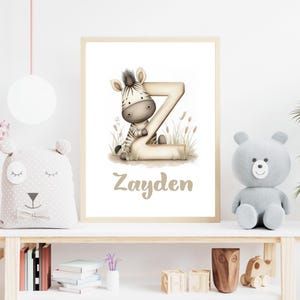 Arte de pared personalizado con el alfabeto de animales para bebé niño - Letras de safari de la A a la Z con nombre personalizado / Imprimible para guardería infantil / Descarga digital