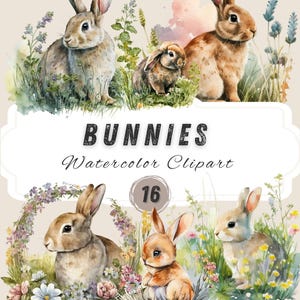 Watercolor Easter Bunnies Clipart Set – 16 Adorable bunny PNG Files, spring clipart, digital download