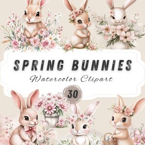 Watercolor Easter Bunny Clipart PNG | Cute Spring Rabbits, Floral Easter Clip Art | Transparent Background, 300DPI Digital Download