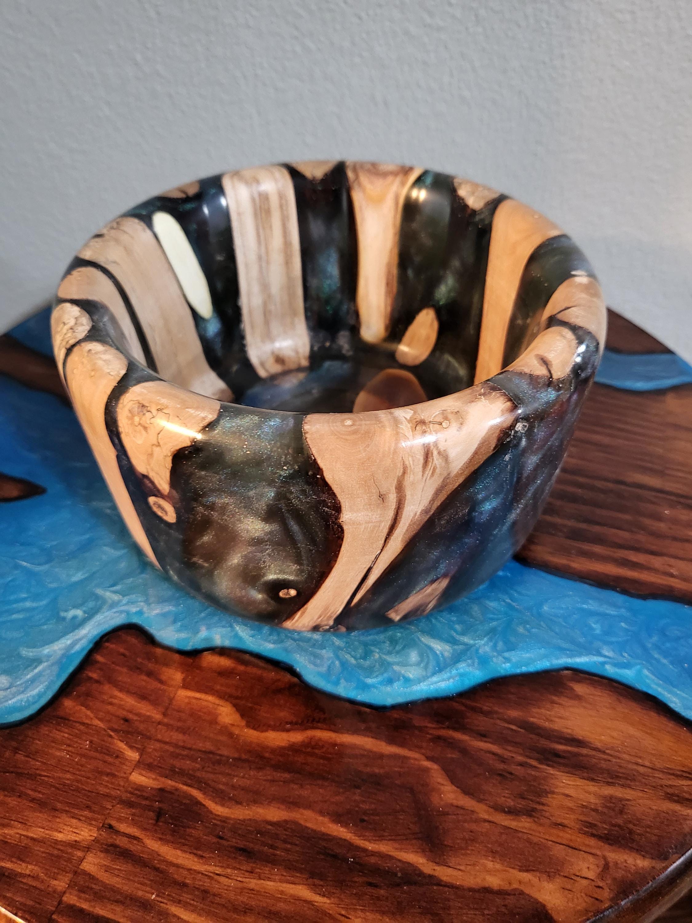 Pearl midnight blue epoxy resin indoor planter / vase with cherry wood.