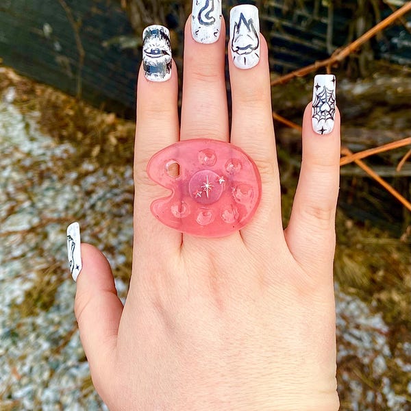 Art Among The Stars Paint Palette Ring, For Painters, Nail Artists, Minature Painters, Adjustable Ring Size, Stainless Steel, Resin Ring