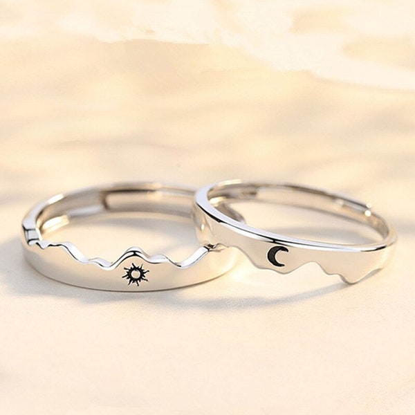 2 Pc Sun and Moon Ring Half Pair of Rings Copper Silver Plate Rings Silver Sun and Moon Rings Open Adjustable Rings Lover Rings Fine Jewelry