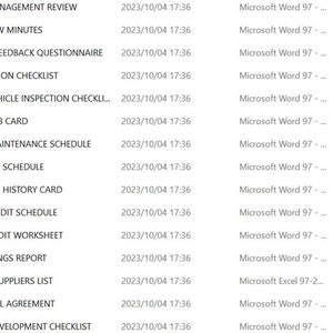 May include: A list of documents with file names, dates, file types, and file sizes. The documents include "ISO 9001 Management Review", "MGNT Review Minutes", "Customer Feedback Questionnaire", "Site Inspection Checklist", "Delivery Vehicle Inspection Checklist", "Machine Job Card", "Planned Maintenance Schedule", "Calibration Schedule", "Calibration History Card", "Internal Audit Schedule", "Process Audit Worksheet", "Audit Findings Report", "Approved Suppliers List", "Service Level Agreement", and "Product Development Checklist".