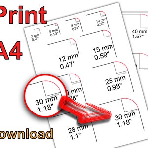 May include: A4 print showing corner radius measurements in millimetres and inches, ranging from 2 mm (0.07") to 40 mm (1.57"). The print also features the words "Print", "A4", and "Download".