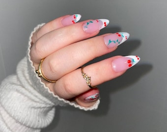 Cherry French Tip Nails | Spring Fake Nails | Hand Painted Nails | Reusable Nails | Press On Nails