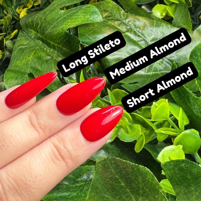 K&ouml;nnte beinhalten: Eine Hand zeigt drei rote Nagelformen: Long Stiletto, Medium Almond und Short Almond. Die N&auml;gel sind gl&auml;nzend rot lackiert. Der Hintergrund zeigt gr&uuml;nes Laub.