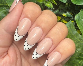 White Polka Dot French Tip Press On Nails | Almond False Nails | Coquette Aesthetic Glue On Nails | Hand Painted Black and White Gel Nails