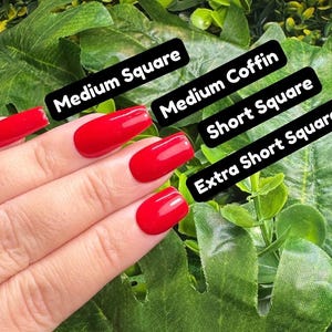 K&ouml;nnte beinhalten: Eine Hand mit rotem Nagellack, die verschiedene Nagelformen zeigt: Medium Square, Medium Coffin, Short Square und Extra Short Square. Die N&auml;gel sind leuchtend rot, vor einem Hintergrund aus gr&uuml;nem Laub.