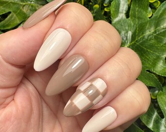 Neutral Check Press On Nails | Beige Almond False Nails | Autumn Nails | Brown Gingham Hand Painted Gel Nails