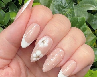 White Floral French Tip Press On Nails | Almond False Nails | Coquette Aesthetic Glue On Nails | Hand Painted Bridal Wedding Gel Nails | Dai
