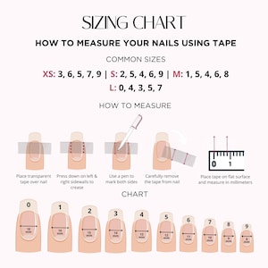 K&ouml;nnte beinhalten: Ein rosa Gr&ouml;&szlig;en&uuml;bersicht f&uuml;r Nagelmessungen. Anweisungen zur Messung der N&auml;gel mit Klebeband, mit Illustrationen. H&auml;ufige Gr&ouml;&szlig;en sind aufgef&uuml;hrt: XS, S, M und L. Nagelgr&ouml;&szlig;en werden in Millimetern von 8 mm bis 18 mm angezeigt.