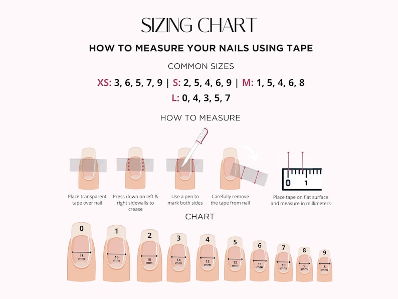 K&ouml;nnte beinhalten: Ein rosa Gr&ouml;&szlig;en&uuml;bersicht f&uuml;r Nagelmessungen. Anweisungen zur Messung der N&auml;gel mit Klebeband, mit Illustrationen. H&auml;ufige Gr&ouml;&szlig;en sind aufgef&uuml;hrt: XS, S, M und L. Nagelgr&ouml;&szlig;en werden in Millimetern von 8 mm bis 18 mm angezeigt.