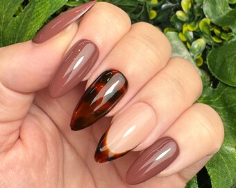 Tortoiseshell Press On Nails | Brown Almond False Nails | Autumn Nails | Hand Painted Tortie French Tip Gel Nails