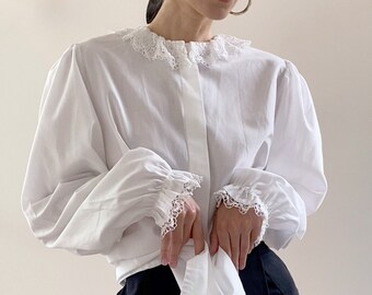 Vintage White Lace Collar Cotton Blouse, Balloon sleeves with Lace Trim