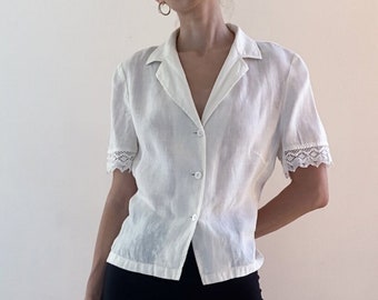 Vintage Ivory Linen Shirt with Lace Detail