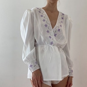 Vintage White Satin Blouse with Purple Floral Embroidery